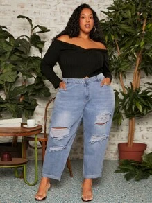 SHEIN CURVE+ Jeans ajustados mom desgarro de talle alto - Lavado ligero - Ver 5