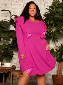 SHEIN CURVE+ Vestido ribete con fruncido - Rosa Fucsia - Ver 1