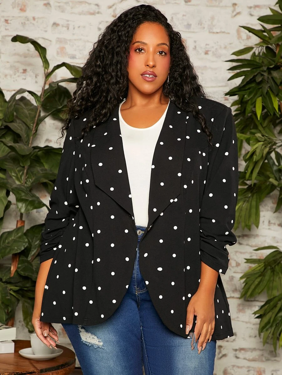 SHEIN CURVE+ Plus Polka Dot Shawl Collar Ruched Cuff Blazer - Black - View 1