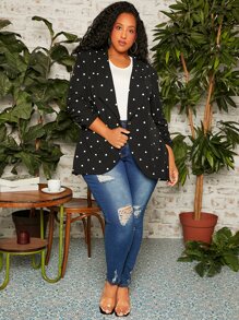 SHEIN CURVE+ Plus Polka Dot Shawl Collar Ruched Cuff Blazer - Black - View 3