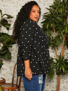 SHEIN CURVE+ Plus Polka Dot Shawl Collar Ruched Cuff Blazer - Black - View 4