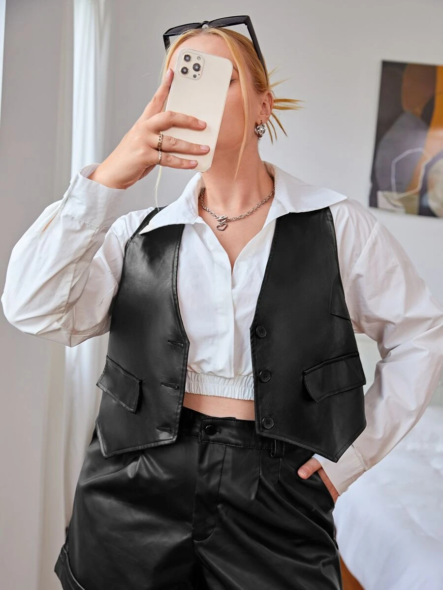 SHEIN Essnce Plus Button Front PU Leather Vest Jacket - Black - View 1