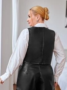 SHEIN Essnce Plus Button Front PU Leather Vest Jacket - Black - View 2