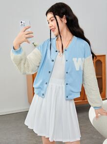 SHEIN Teen Girls Letter Patched Drop Shoulder Two Tone Varsity Jacket & Skirt - Blue and White - View 1