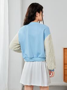 SHEIN Teen Girls Letter Patched Drop Shoulder Two Tone Varsity Jacket & Skirt - Blue and White - View 2