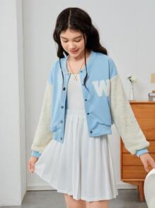 SHEIN Teen Girls Letter Patched Drop Shoulder Two Tone Varsity Jacket & Skirt - Blue and White - View 5