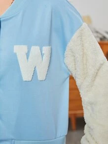 SHEIN Teen Girls Letter Patched Drop Shoulder Two Tone Varsity Jacket & Skirt - Blue and White - View 6
