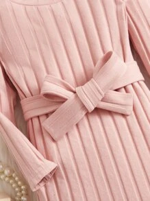 SHEIN Baby Girl Ribbed Knit Belted Dress - Baby Pink - View 3