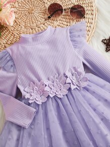 SHEIN Bebé Vestido con malla jacquard en contraste aplique ribete con fruncido - Lila Púrpura - Ver 3