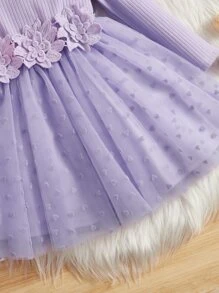 SHEIN Bebé Vestido con malla jacquard en contraste aplique ribete con fruncido - Lila Púrpura - Ver 4