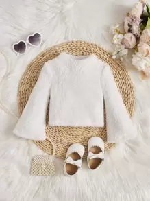 SHEIN Baby Girl Trumpet Sleeve Mock Neck Flannelette Top - White - View 1