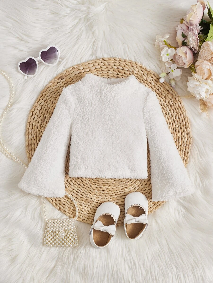 SHEIN Baby Girl Trumpet Sleeve Mock Neck Flannelette Top - White - View 1