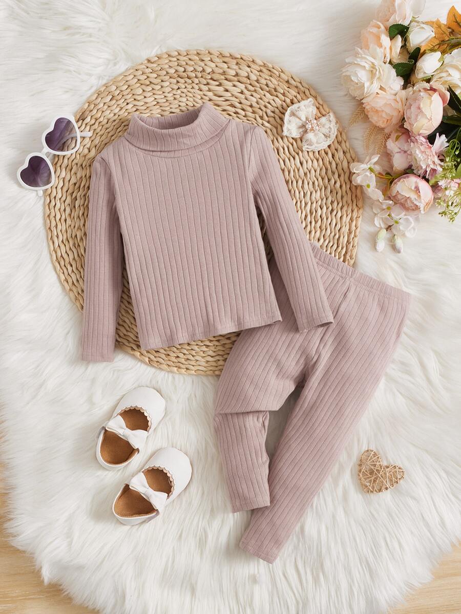 SHEIN Baby Girl Turtleneck Ribbed Knit Tee & Leggings - Dusty Pink - View 1