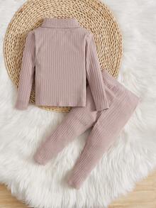 SHEIN Baby Girl Turtleneck Ribbed Knit Tee & Leggings - Dusty Pink - View 2