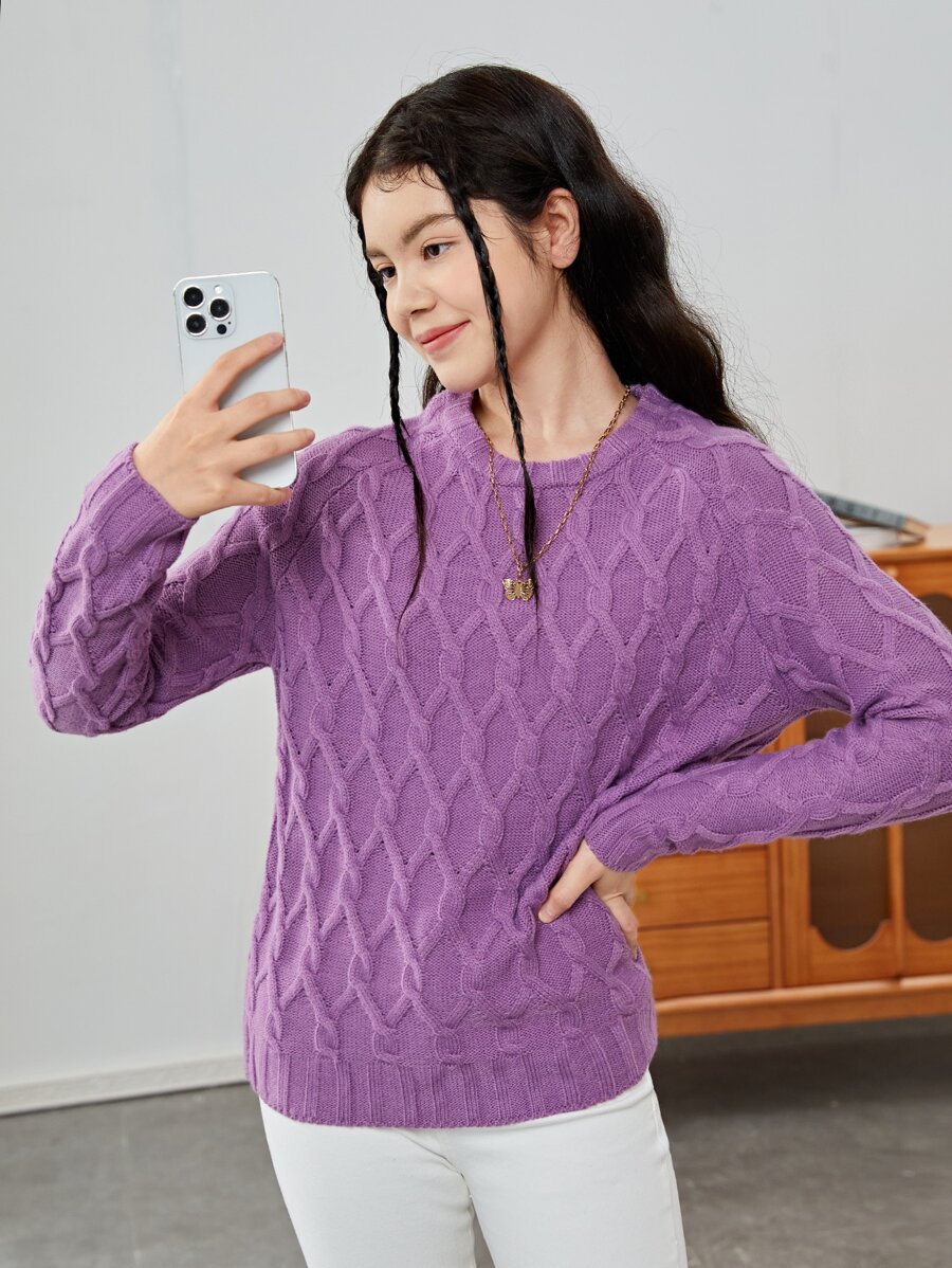 Chicas adolescentes Jersey de manga raglán tejido de cable - Morado - Ver 1