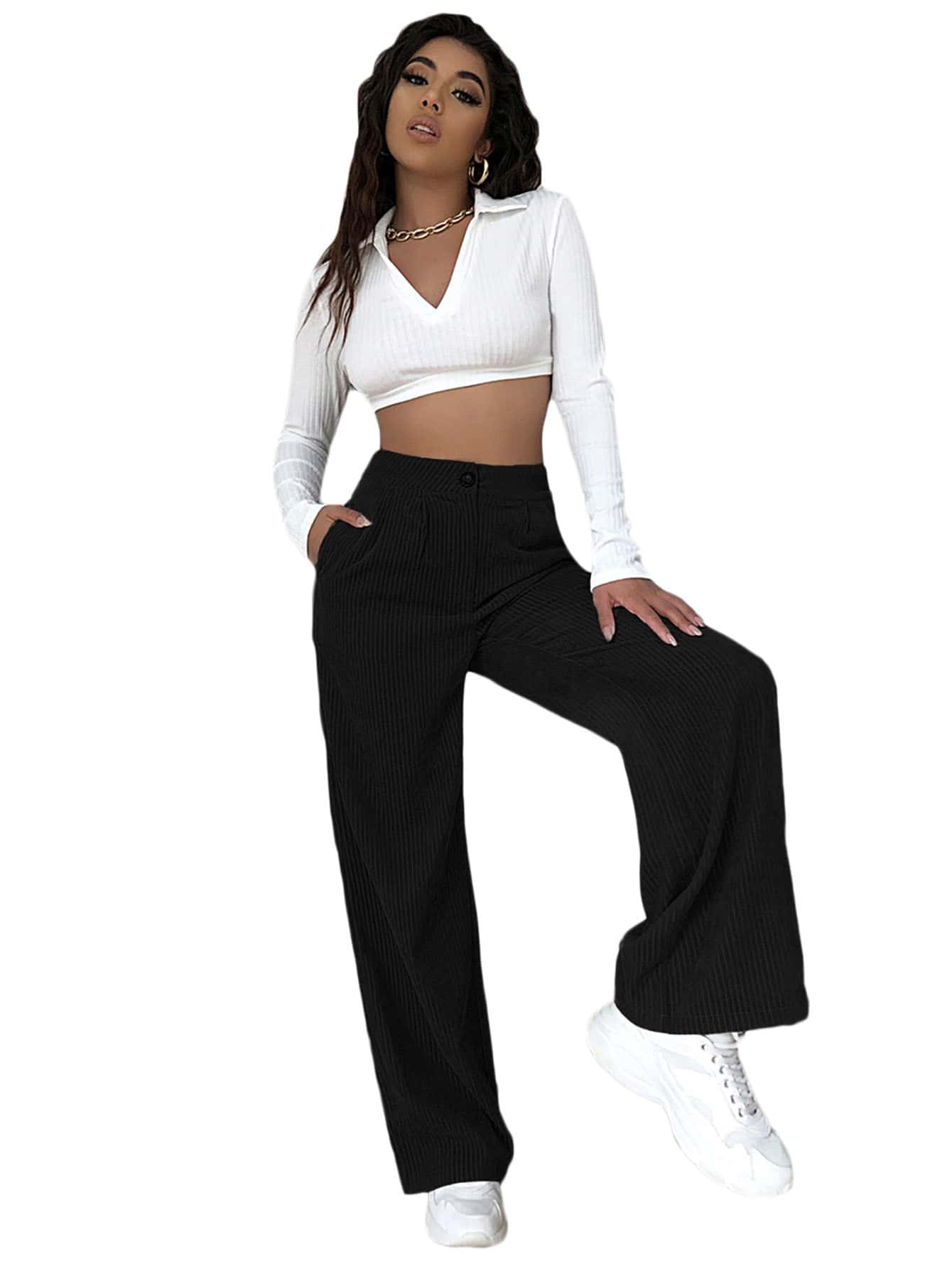 EURMUSE Solid Wide Leg Pants - Black - View 1
