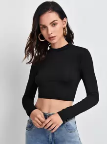 RueChic Mock Neck Solid Crop Tee - Black - View 1