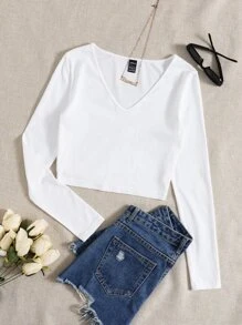 SHEIN EZwear Solid V Neck Crop Tee - Beige - View 6