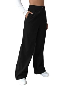 EURMUSE Solid Wide Leg Pants - Black - View 5