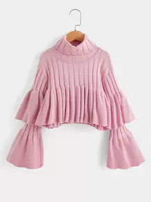 Girls Turtleneck Flounce Sleeve Jumper - Baby Pink - View 1
