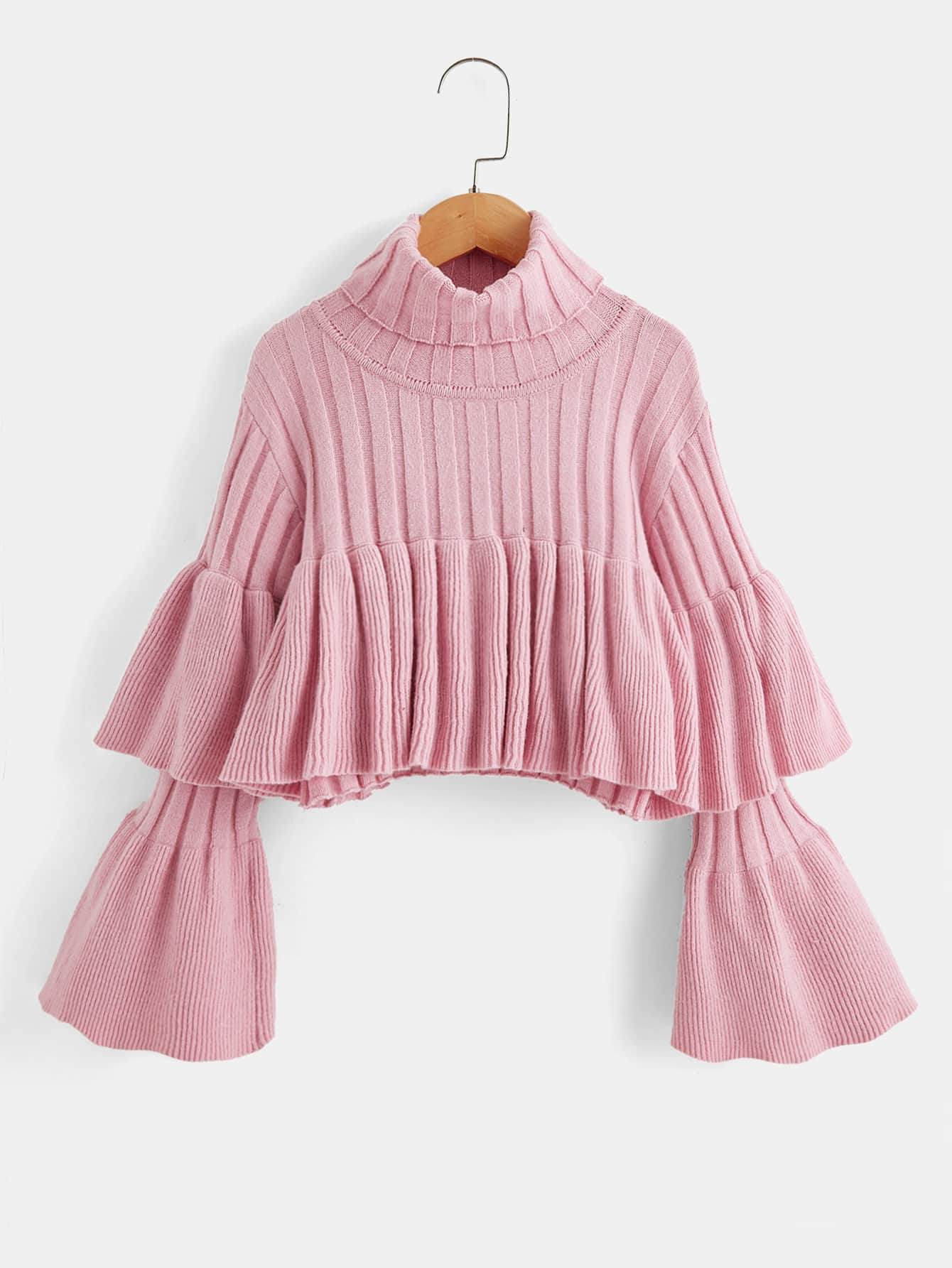 Girls Turtleneck Flounce Sleeve Jumper - Baby Pink - View 1