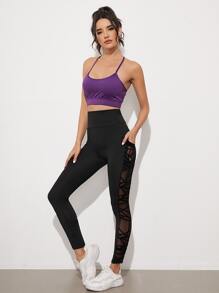 EURMUSE Women's Black Mesh Patchwork Side Pocket High Waist Long Leggings