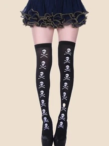 ROMWE Skeleton Pattern Over The Knee Socks - Black - View 1
