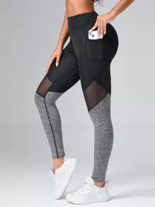 Yoga Futuristic Contrast Colour Panel Yoga Leggings Mesh Insert Gym Tights With Phone Pocket - Multicolor - View 1