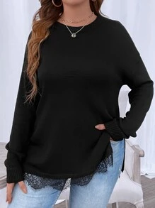 SHEIN Clasi Plus Eyelash Lace Trim Drop Shoulder Split Hem Jumper - Black - View 1