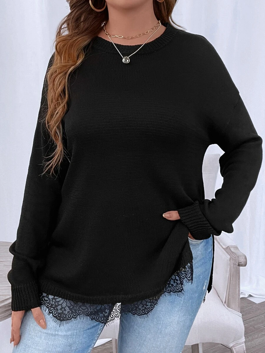SHEIN Clasi Plus Eyelash Lace Trim Drop Shoulder Split Hem Jumper - Black - View 1