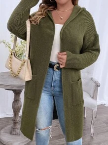 Plus Double Pocket Drop Shoulder Hooded Duster Cardigan - Army Green - View 2