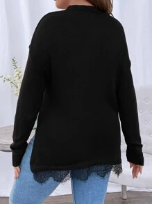 SHEIN Clasi Plus Eyelash Lace Trim Drop Shoulder Split Hem Jumper - Black - View 2