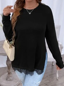 SHEIN Clasi Plus Eyelash Lace Trim Drop Shoulder Split Hem Jumper - Black - View 3