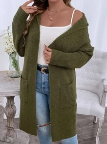 Plus Double Pocket Drop Shoulder Hooded Duster Cardigan - Army Green - View 1
