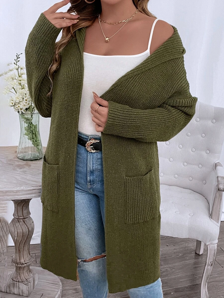 Plus Double Pocket Drop Shoulder Hooded Duster Cardigan - Army Green - View 1