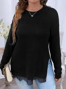 SHEIN Clasi Plus Eyelash Lace Trim Drop Shoulder Split Hem Jumper - Black - View 5