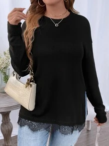 SHEIN Clasi Plus Eyelash Lace Trim Drop Shoulder Split Hem Jumper - Black - View 6