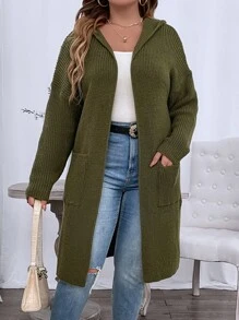 Plus Double Pocket Drop Shoulder Hooded Duster Cardigan - Army Green - View 5