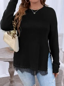 SHEIN Clasi Plus Eyelash Lace Trim Drop Shoulder Split Hem Jumper - Black - View 7