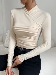 SHEIN Privé Ruched Mock Neck Tee - Apricot - View 1