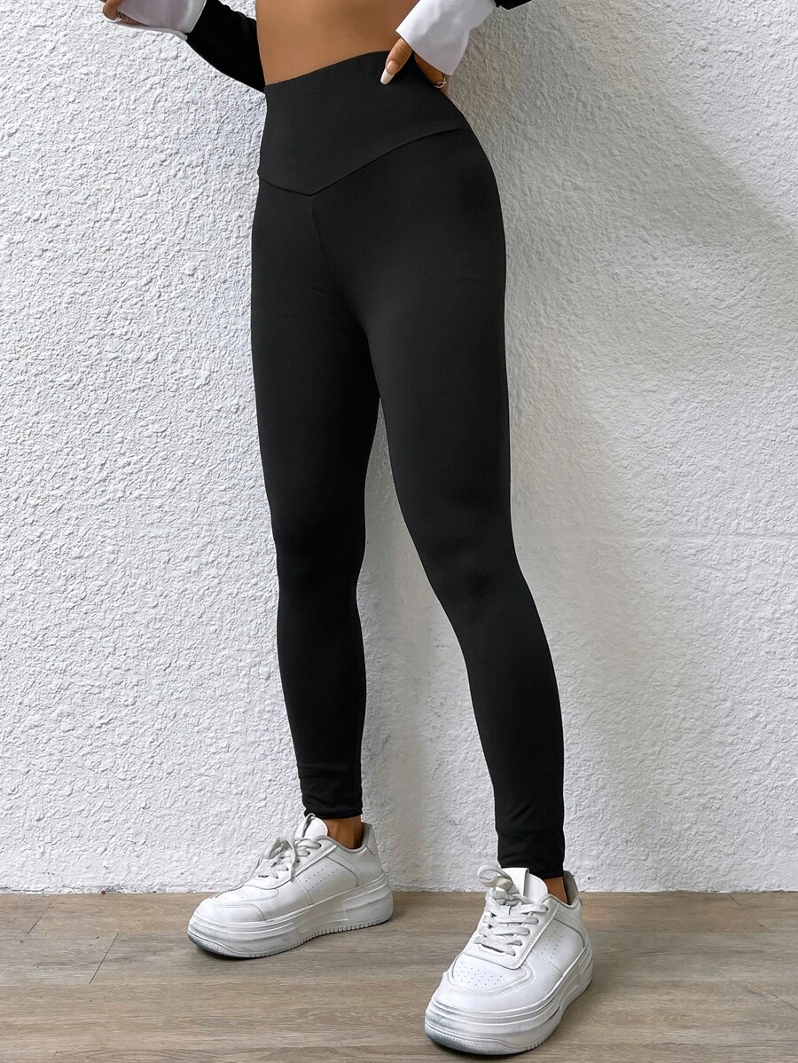 SHEIN EZwear 素色寬腰帶緊身打底褲 - 黑色 - 查看 1
