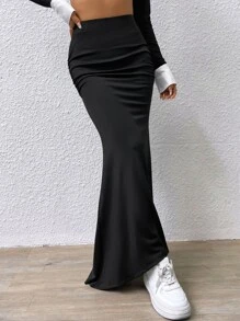 SHEIN EZwear Solid Ruched Maxi Mermaid Skirt - Black - View 3