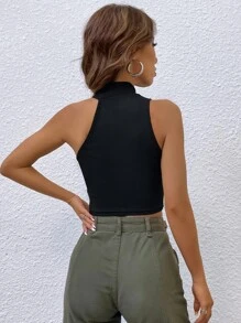 SHEIN EZwear Asymmetrical Neck Crop Tank Top - Black - View 2