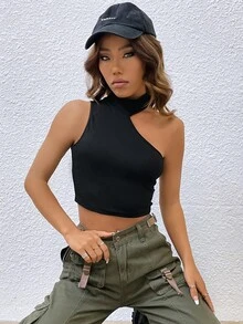 SHEIN EZwear Asymmetrical Neck Crop Tank Top - Black - View 3