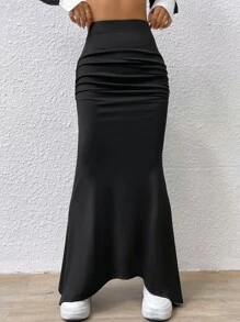 SHEIN EZwear Solid Ruched Maxi Mermaid Skirt - Black - View 6