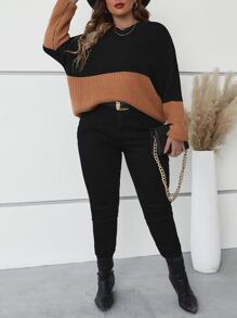 SHEIN LUNE Plus Two Tone Drop Shoulder Jumper - Brown - View 4