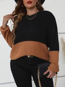 SHEIN LUNE Plus Two Tone Drop Shoulder Jumper - Brown - View 5