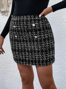 SHEIN Franclia Plus Plaid Fake Button Tweed Skirt - Black - View 4