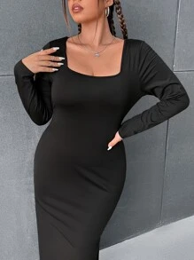 SHEIN EZwear Vestido ajustado de cuello cuadrado - Negro - Ver 4