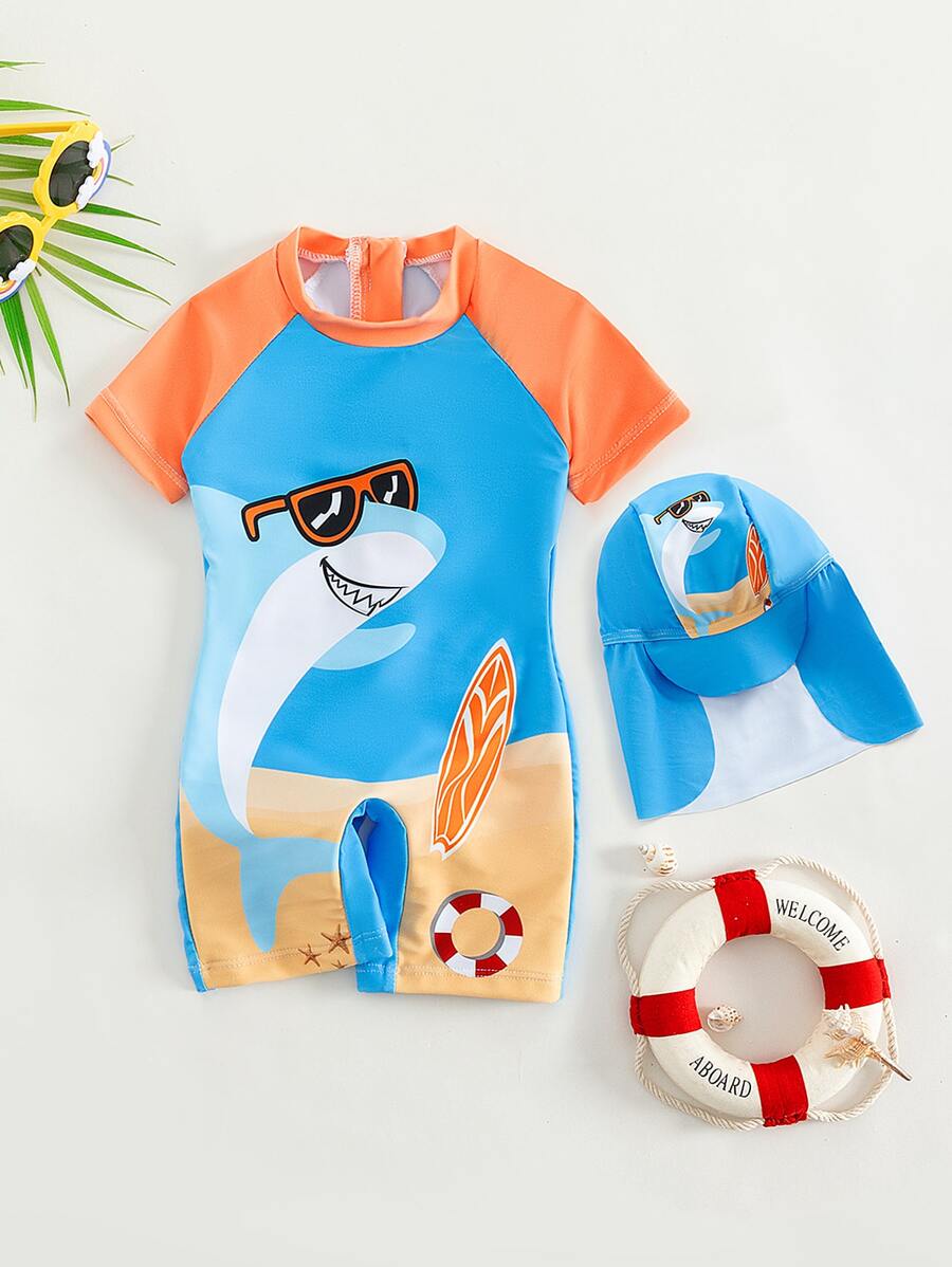 Baby Boy Cartoon Graphic One Piece Swimsuit With Swim Cap - Multicolor - View 1